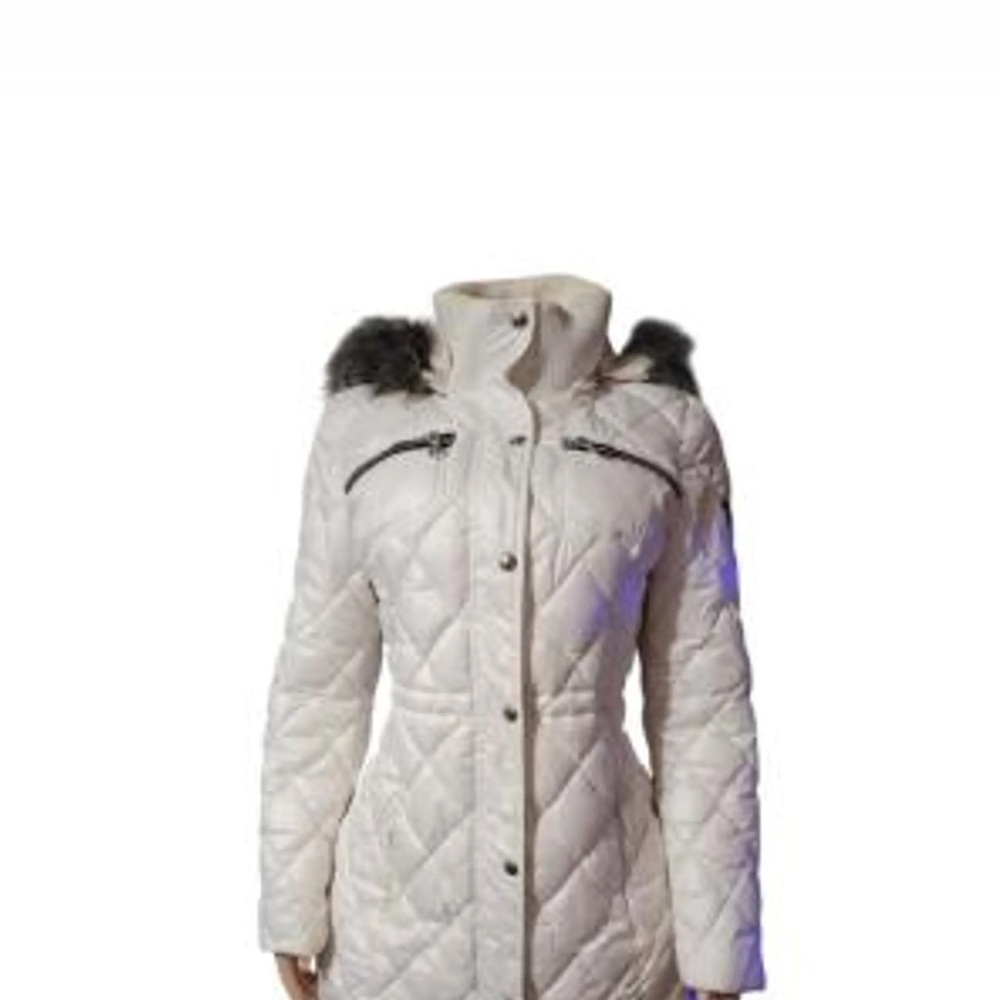 🧥 GUESS Los Angeles White Quilted Winter Coat w/ Faux Fur Trim (Size S/P)